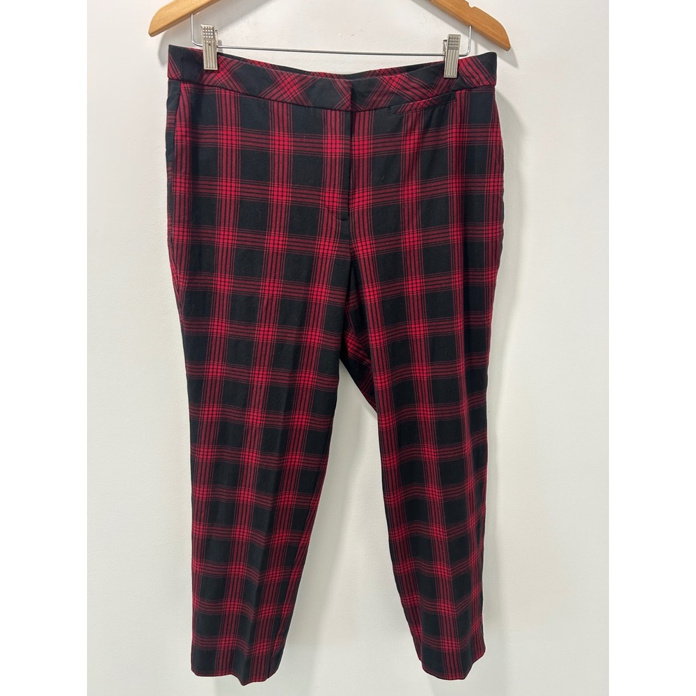 J. Jill Premium Bi-Stretch Plaid Trousers Red Black Tapered Pants 14 Petite